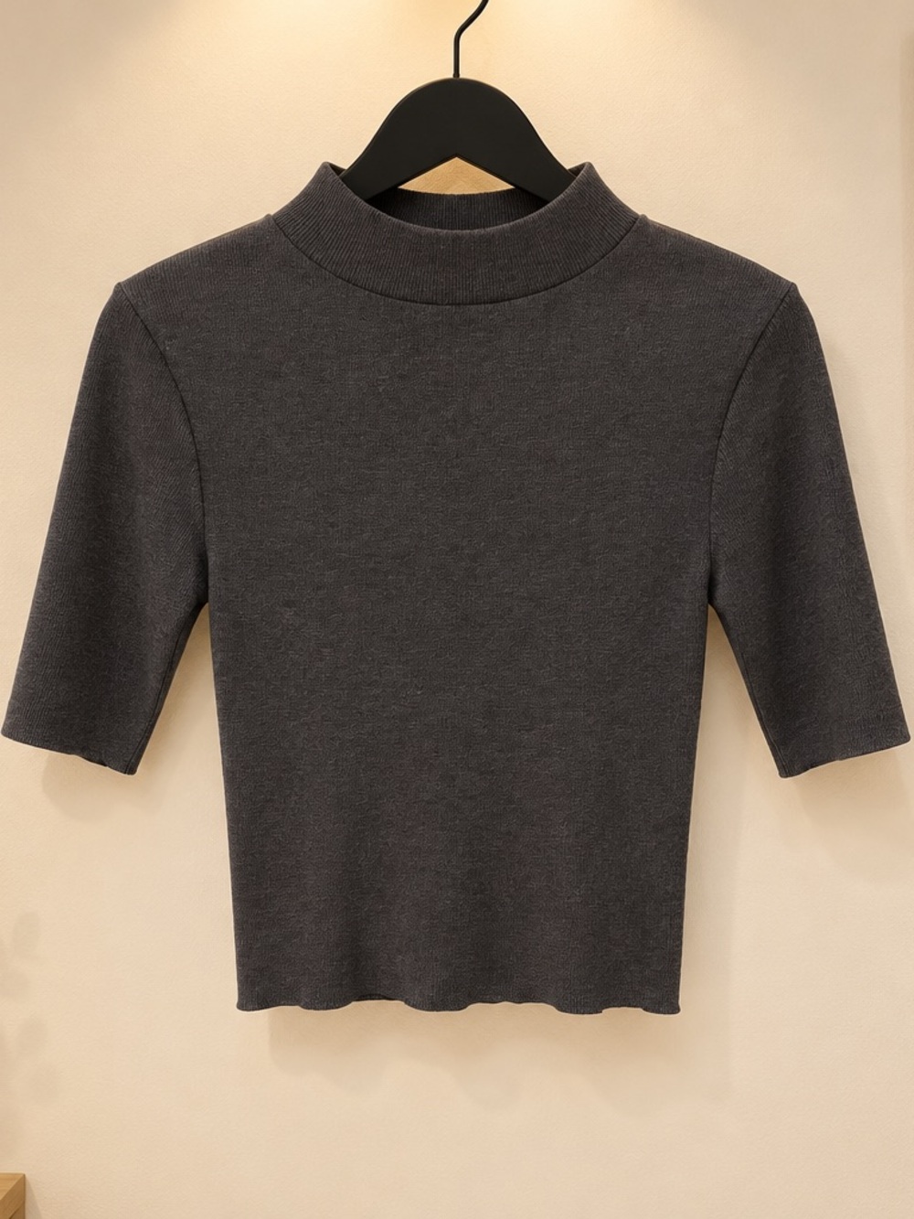 Zara Charcoal Ribbed Mock-Neck Short Sleeve Top